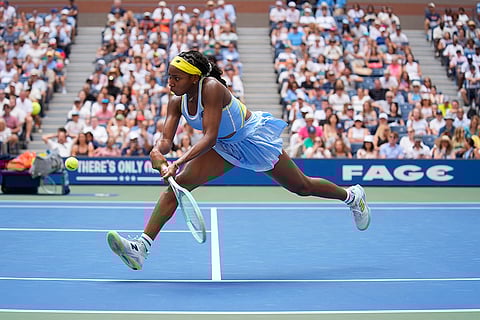 US Open 2024: Coco Gauff, of the United States, returns a shot at the net to Varvara Gracheva, of France